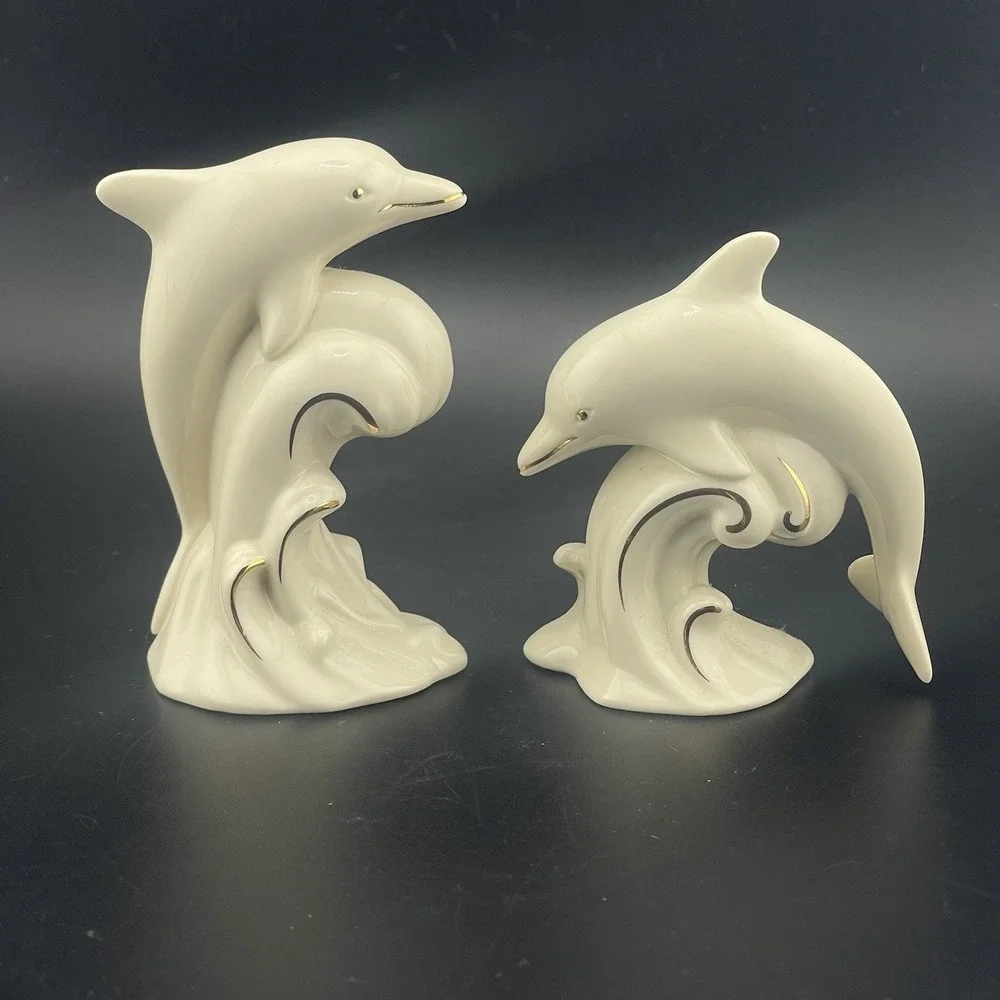 Lenox Dive Dancing Dolphins Ivory Porcelain 24 Karat Gold Figurines Set Lot of 4